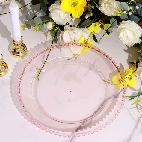 6 Pack - 12" Clear Plastic Round Charger Plates With Blush Beaded Rim Acrylic Charger Plates, Pipe And Drape Backdrop, Glass Charger Plates, Outdoor Reception, Acrylic Plastic, Charger Plates, Beaded Trim, Event Catering, Dining Decor