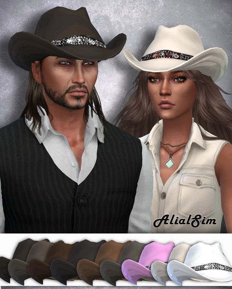 Lower Cowboy Hat Download Credit for the mesh: @sg5150 Sims 4 Cc Country Clothes Male, Sims 4 Cc Cowboy Hat, Sims 4 Cowboy Cc, Sims 4 Couple, Lotes The Sims 4, Sims 4 Couple Poses, Sims 4 Piercings, Sims Stories, Country Hats