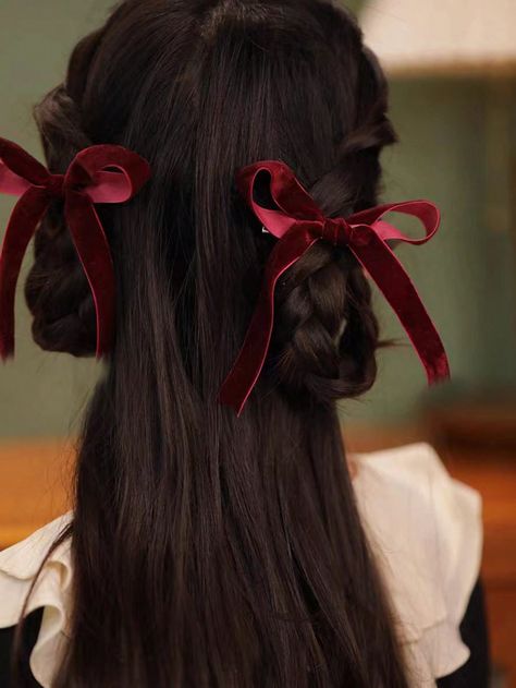 2pcs/set Y2k Style Red Velvet Bow Hair Clip, Fashionable & Lovely Ballet Ribbon Hair Accessory For Daily WearI discovered amazing products on SHEIN.com, come check them out! Ballet Hair Accessories, Ballet Ribbon, Ballet Hairstyles, Red Riding Hood Costume, Bow Hairstyle, Bow Hair Clip, Ballet Fashion, Ribbon Hair, Velvet Bow