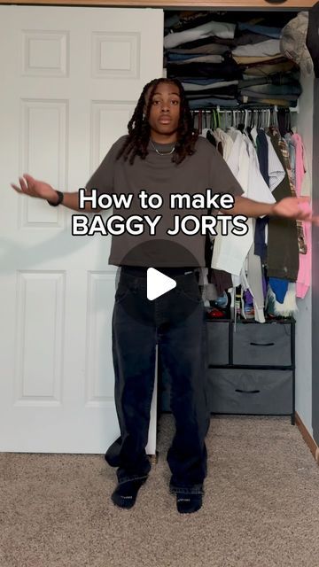 Eli on Instagram: "Easy baggy jorts tutorial from any jeans. If you want the hemmed edges tutorial lmk • • • • • • #fashion #explore #outfitinspo #jorts #sewingtips  Fashion reels. New fashion. Baggy Jorts. Sewing tutorial. Outfit inspiration. Street Wear. Summer jorts." How To Make Baggy Jorts, How To Make Jorts With Jeans, Diy Jorts From Jeans, Tomboy Summer Outfits, Baggie Jeans Outfit, Edges Tutorial, Street Wear Summer, Summer Jorts, Fashion Reels