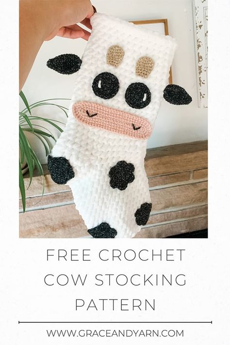 Free Crochet Cow Stocking Pattern - Grace and Yarn Crochet Fun Patterns, Crochet Blanket Size Chart, Crochet Blanket Size, Easy Crochet Blankets, Blanket Size Chart, Crochet Blanket Easy, Herringbone Crochet, Cow Patterns, Christmas Stocking Pattern Free