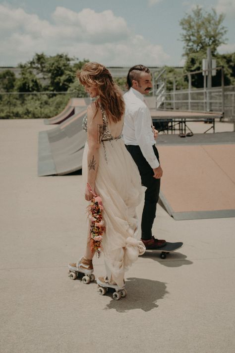 Details from the brewery/skate park wedding inspiration in Chattanooga, TN - design by The Copper Quail #wedding #chattanooga #weddingideas #weddinginspo Roller Skate Wedding, Skatepark Wedding, Wedstock Wedding, Skate Wedding, Skater Wedding, Skateboard Wedding, Skate Shoot, Skater Girl Style, Elopement Photoshoot