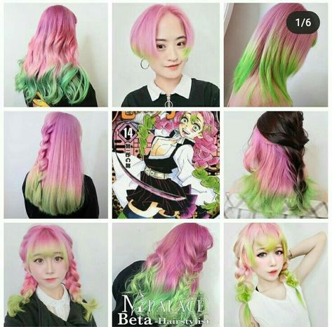 Demon Slayer Hair Dye Ideas, Demon Slayer Hair Dye, Anime Hair Color Ideas Real Life, Mitsuri Hair Color, Anime Inspired Hair Color, Anime Hair Dye Ideas, Mitsuri Hair Dye, Mitsuri Hairstyle, Anime Hair Color Ideas