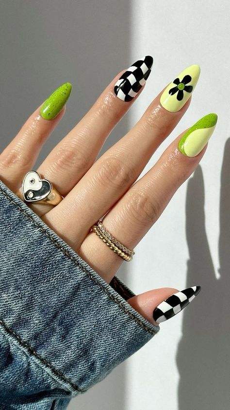 90s Inspired Nail Designs, Summer Nails With Black, Wall E Nails, Color Checkered Nails, Almond Nails Designs Checkered, Retro Green Nails, Green 70s Nails, 80s Inspired Nails, Checked Nails