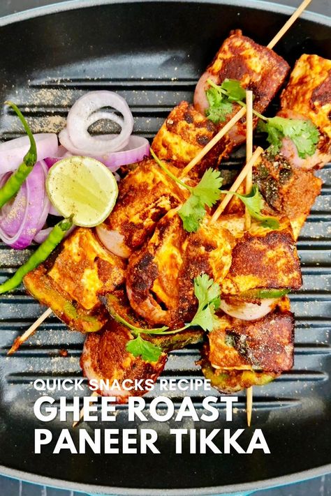 Check out my recipe for Ghee Roasted Paneer Tikka. This one is a popular and delicious tandoori snack where paneer is marinated in a spiced yogurt-based marinade, arranged on skewers and grilled on the pan. Paneer Tikka Recipe, Ghee Roast, Ghee Recipe, Tikka Recipe, Paneer Tikka, Quick Recipes Snacks, Paneer Recipes, Culinary Skills, Quick Snacks