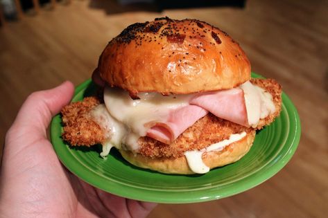 Crispy chicken cordon bleu sandwich | Recipe | Bounded by Buns Dijonnaise Recipe, Cordon Bleu Sandwich, Chicken Cordon Bleu Sandwich, Caramelized Onion Sandwich, Baked Panko Chicken, Cold Cut Sandwich, Sandwich Combinations, Panko Chicken, Onion Rolls