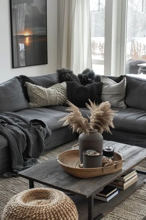 5 Best Grey Living Room Decor Ideas - Blog by Cavelights Dark Grey Sofa Living Room Color Schemes Sofas, Simple Living Room Decor Grey Couch, Dark Charcoal Sectional Living Room, Large Gray Couch Living Room, Dark Grey Couch Living Room Pillows, Gray Hardwood Floors Living Room Decor, Dark Charcoal Sofa Living Rooms, Dark Grey Boho Living Room, White Walls Grey Couch Living Room