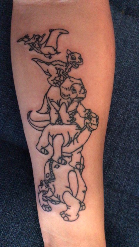 The Land Before Time Tattoo Ideas, Childhood Memories Tattoo Ideas, Longneck Dinosaur Tattoo, Land Before Time Dinosaurs Tattoo, Dinsors Tattoo, Land Before Time Drawings, Petrie Land Before Time Tattoo, Matching Lotr Tattoo, Cera Land Before Time Tattoo