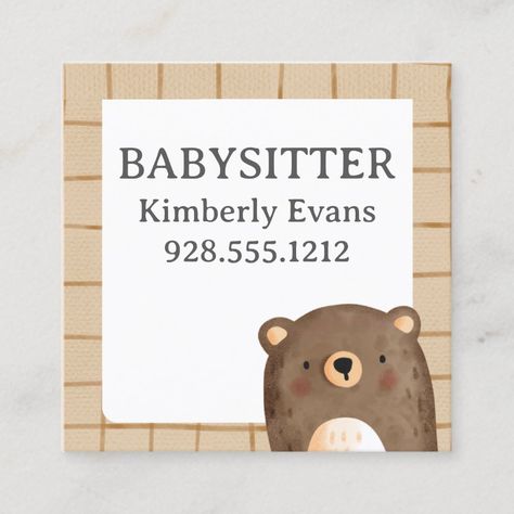 Brown Pattern Background, Nanny Business Cards, Babysitter Business Cards, Cartoon Pattern, Brown Pattern, Square Business Card, Unique Business Cards, Bear Cartoon, Cute Bear