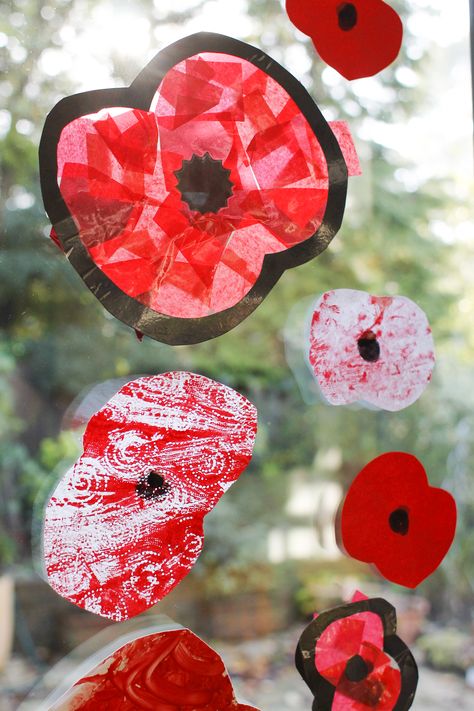 Done - Mixed Media Poppies displayed on window, with our 18mth old (completed Nov-14) Poppy Window Display Ideas, Sea Cadets, Canada Day Crafts, Knitted Poppies, Eyfs Classroom, Group Crafts, Remembrance Sunday, Poppy Art, Craft Area