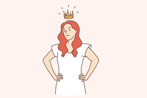 Selfish girl and society concept. Arrogant young woman cartoon character standing with crown above head feeling confident vector illustration Vector Illustration Character, Woman Cartoon, Aesthetic Fonts, Feeling Confident, Girls Illustration, Girl Drawing, Cartoon Character, Young Woman, Girl Cartoon