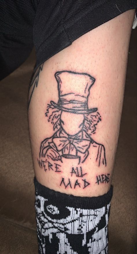 #Tattoo #mad hatter #Alice in wonderland #wlw #lgbtq #girls #girlswithtattoos Alice In Wonderland Half Sleeve Tattoo, We’re All Mad Here Tattoos, Alice And Wonderland Tattoo, Were All Mad Here Tattoo, Simple Alice In Wonderland Tattoo, We're All Mad Here Tattoo, Alice In Wonderland Tattoo Ideas, Tattoo Alice In Wonderland, Hatter Tattoo