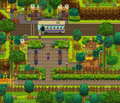 Bus Stop Ideas, Stardew Farms, Kids Bus, Stardew Valley Layout, Stardew Valley Tips, Stardew Valley Farms, Valley Game, Star Valley, Stardew Valley Fanart