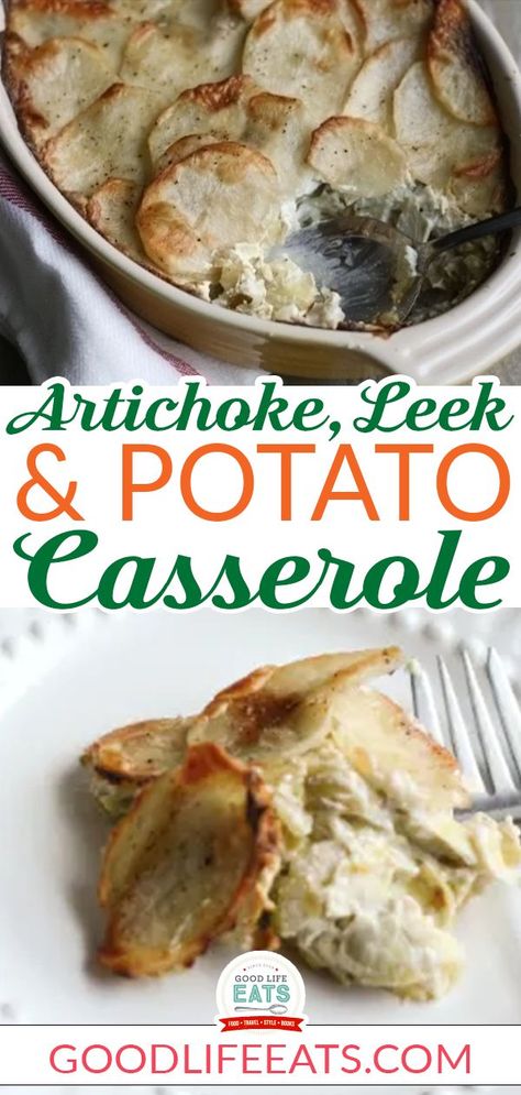 Made with just eight ingredients, this Artichoke, Potato and Leek Casserole comes together quickly. Perfect for holidays and family get togethers! This recipe for Artichoke, Leek and Potato Casserole appeared in the October 2011 Everyday Food magazine. When I first saw this recipe, I thought the potato was the star but in actuality, the artichokes and leeks were. | @goodlifeeats #easyeasterdinnersidedishes #leekandpotatocasserole #eastermenu #easyeastermenurecipes Potato Leek Casserole, Leek And Potato Bake, Potatoes And Leeks, Easy Easter Dinner, Leek And Potato, Leek Recipes, Greek Potatoes, Potato Bake, Easter Menu