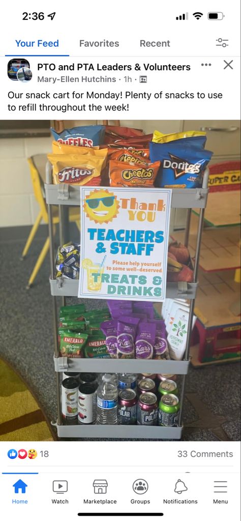 Teacher Appreciation Snack Table, Teacher Snack Gift Ideas, Teacher Appreciation Week Snacks, Pto Teacher Snacks, Snack Cart For Teacher Appreciation, Snack Cart Teacher Appreciation, Pto Snack Cart, Staff Room Snack Ideas, Faculty Meeting Snacks