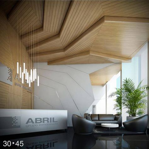 Abril Grupo Office Reception Desk Decoration Hall, Lobby Reception, Office Lobby, Office Renovation, Modern Office Design, Ceiling Treatments, Lobby Interior, Corporate Interiors, Office Furniture Design