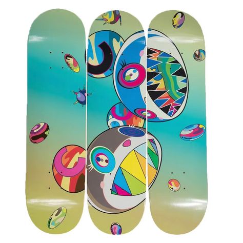 New Takashi Murakami X Complexcon -Sharp Tooth Set Of (3) Skateboard Deck 2019 3-Piece Green, Yellow And Multicolor Takashi Murakami For Complexcon Sharp Tooth Bear Skateboard Deck Set With Abstract Bear Motif At Undersides And Brand Stamp At Top Surfaces. Includes Packaging Wrapped Around Each Board. Dimensions - 82.5 Cm X 21 Cm Bear Skateboard, Takashi Murakami Art, Superflat, Fire Book, Pencil Gift, Bear Character, Skate Decks, Takashi Murakami, Sharp Teeth