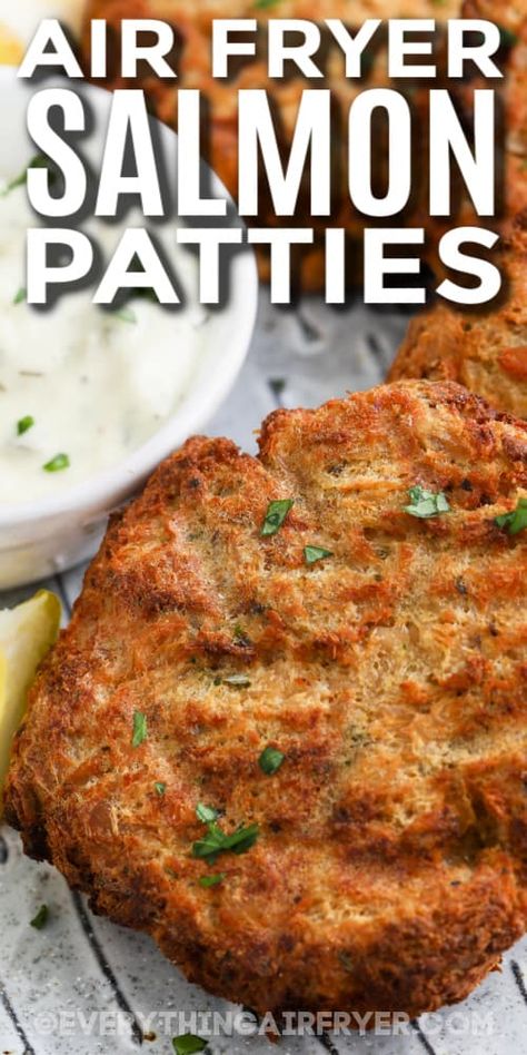 Air fryer salmon patties are a cinch to make and they taste great! Make these crispy and flavorful patties with just a few easy ingredients like canned or frozen salmon, seasonings, and egg. Use keto breadcrumbs, if you wish, to keep the recipe low carb. Any way you make salmon patties in the air fryer, they are sure to be delicious! #everythingairfryer #airfryersalmonpatties #salmonpattiesintheairfryer #easyrecipecanned Canned Salmon Patties Air Fryer, Salmon Patty Air Fryer Recipes, Canned Salmon Patties Recipe Easy Air Fryer, Salmon Patty Recipes Canned, Salmon Cakes With Canned Salmon Air Fryer, Air Fryer Salmon Patties Easy, Air Fried Salmon Patties, Airfryer Salmon Patties, Air Fryer Salmon Patties Recipe Canned