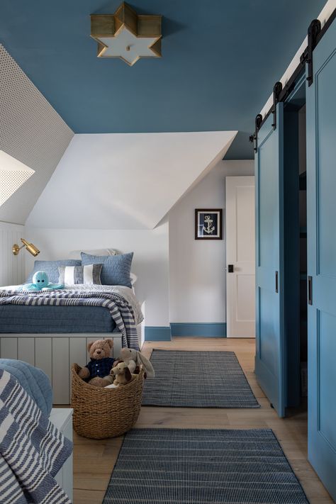 Newport, RI | Kids Bedroom for Twin Boys Blue Painted Ceiling, Attic Bedroom Ideas For Kids, Loft Bedrooms, Blue Kids Room, Blue Boys Bedroom, Childrens Rooms, Boy Toddler Bedroom, New England Home, Blue Ceilings