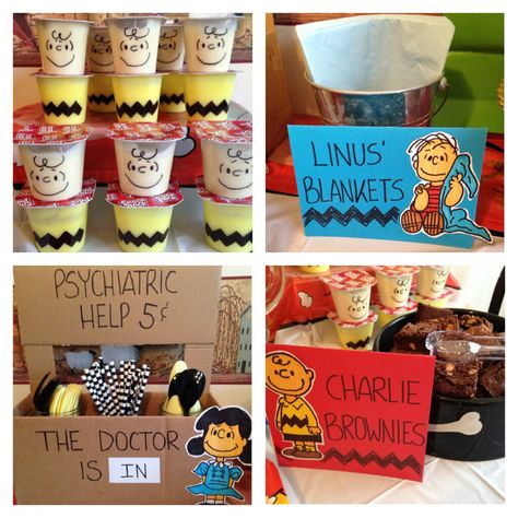 Charlie Brown peanuts birthday party ideas. I used a box to create the cute utensil holder. Charlie Brown Theme Birthday Party, Charlie Brown Snack Ideas, Charlie Brown Christmas Birthday Party, Charlie Brown Christmas Theme Party, Charlie Brown Party Food, Peanuts Themed Party, Charlie Brown And Snoopy Birthday Party, Charlie Brown Theme Party, Charlie Brown Themed Food