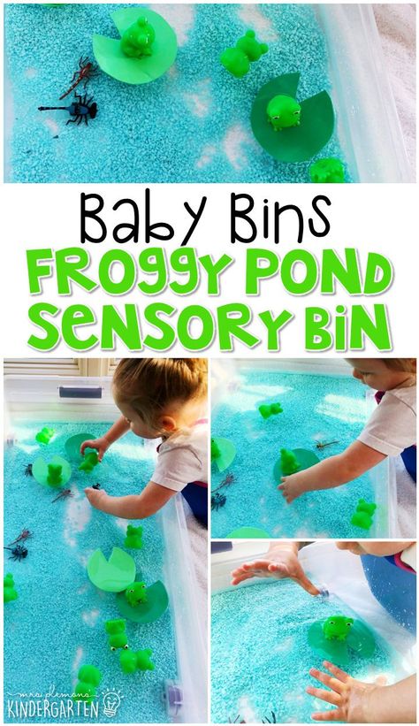 This froggy pond sensory bin is great for learning about frogs and is completely baby safe. These Baby Bin plans are perfect for learning with little ones between 12-24 months old. Reptile Sensory Bin, Pond Sensory Bin, Pond Sensory, Tot School Themes, Frog Activities, Spring Themes, Reptile Party, Toddler Curriculum, Frog Theme