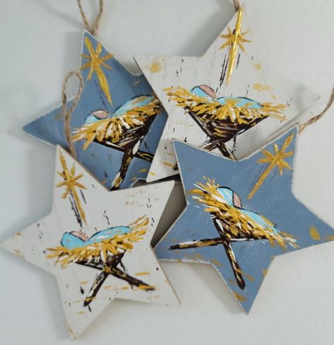 Wood Star Ornaments Diy, Wooden Star Ornaments Diy, Christian Ornaments Diy, Nativity Paintings, Nativity Christmas Ornaments, Hand Painted Nativity, Ornament Inspiration, Nativity Art, 2024 Party