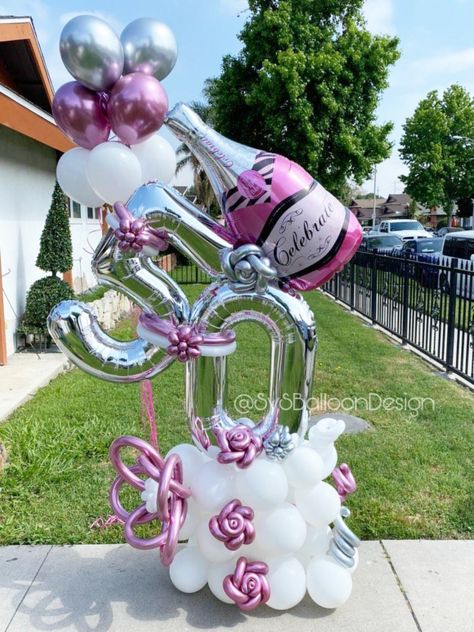 50th Birthday Balloons- Hot Pink & White 50th Birthday Party Balloons, 50th Balloon Bouquet, 50th Balloons, Birthday Marquee, Balloon Bouquet Ideas, Mom Bouquet, 60 Balloons, Birthday Balloon Bouquet, 50th Birthday Balloons