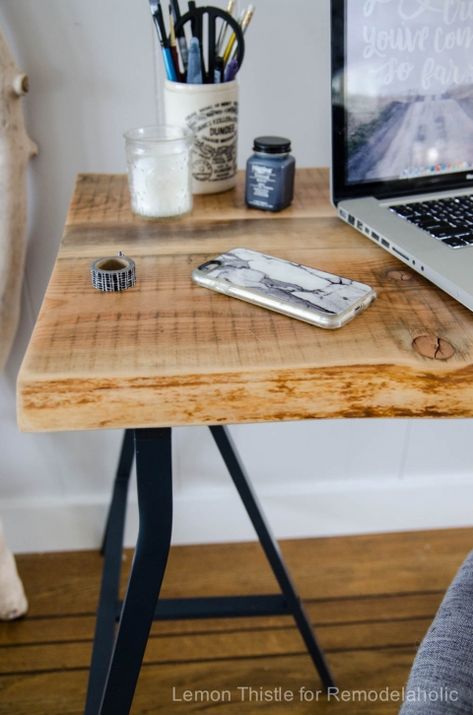 DIY Live Edge Desk with Trestle Legs- I can't believe it's an Ikea Hack- It looks so great! Mittback Ikea Desk Hack, Ikea Desk And Vanity, Reimagined Furniture, Diy Live Edge, Trestle Desk, Sewing Area, Live Edge Desk, Ikea Desk Hack, Desk Hacks