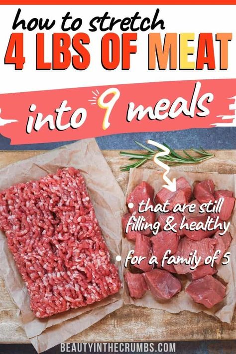 How to stretch meat into 9 healthy and hearty meals. A 2 week meal plan with only 4 pounds of meat. This healthy, gluten free meal plan is budget friendly and so good the whole family will enjoy it! #frugaleating #budgetmealplan #frugalfamilymeal #easydinner #moneysavingtips Budget Meal Planning Healthy, Frugal Family Meals, 2 Week Meal Plan, Budget Meal Planning Families, Meaty Meals, Gluten Free Meal Plan, Budget Freezer Meals, Meal Plan Grocery List, Healthy Budget