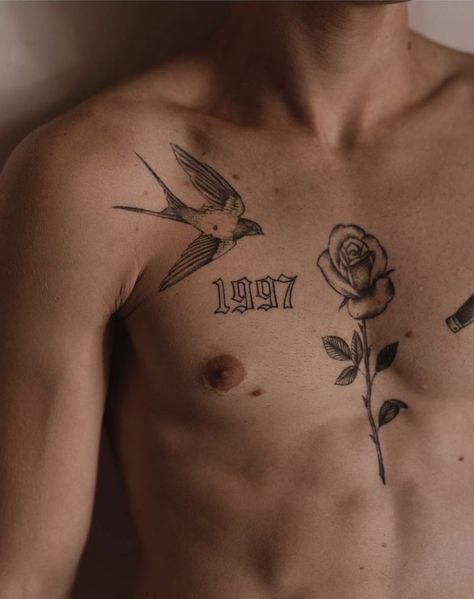 Flower Chest Tattoo Men, Rose Tattoo Men Chest, Tattoos Torso, Word Tattoo Designs, Dark Tattoos For Men, Mockingbird Tattoo, Rose Chest Tattoo, Fineline Tattoos, Balance Tattoo