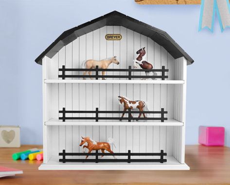 Stablemates Wood Display - BreyerHorses.com Breyer Horse Display, Horse Room, Girls Furniture, 3 Horses, Four Horses, Toy Horses, Figurine Display, Toy Shelves, Horses Theme