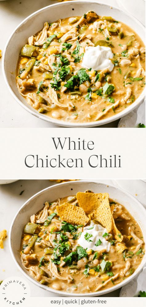 This flavorful White Chicken Chili features tender rotisserie chicken, hearty white beans, and a delicious, creamy broth. Ready in under an hour, it's the perfect easy recipe for a weeknight dinner or healthy lunch. #whitechili #whitechickenchili #chickenchilirecipe White Chicken Chili Dutch Oven, White Chicken Chili With Rotisserie, Side Meals, Delish Dinners, 1000 Calorie, Slow Cooker Chicken Chili, Light Diet, White Chili, 1200 Calorie