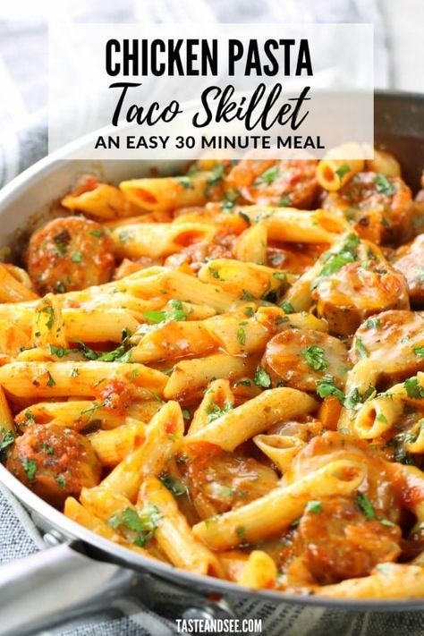 This Chicken Taco Pasta Skillet is so delicious but mild enough for the kiddos.  With chicken sausage, pasta, cheese, and your favorite salsa... it's one flavorful and hearty meal!  Bonus:  it's ready in 30 minutes! #ChickenTaco #FiestaPasta #PastaSkillet #OnePanRecipes #EasyWeeknightDinner #TasteAndSee Chicken Taco Pasta, Taco Pasta Skillet, Taco Pasta Recipes, Chicken Sausage Pasta, Cheesy Chicken Pasta, Pasta Skillet, Pasta Cheese, Pastas Recipes, 30 Minute Meals Easy