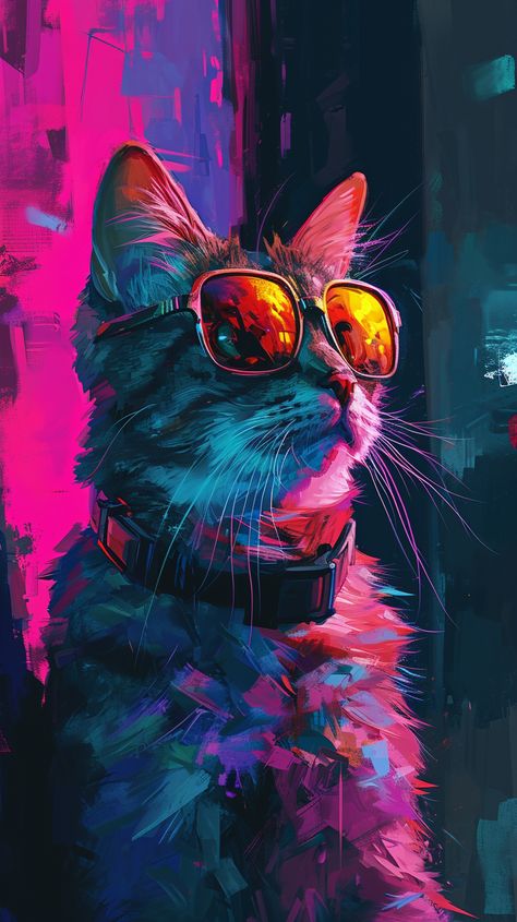 Transform your iPhone and Android backdrop into a neon-drenched street with this cyberpunk cat wallpaper. Style and attitude leap off your screen! 🌆🐱✨ Cat Wallpapers, Neon Cat, Neon Painting, Wallpaper Iphone Neon, Cellphone Wallpaper Backgrounds, Art Gallery Wallpaper, Neon Wallpaper, Beautiful Dark Art, Big Art