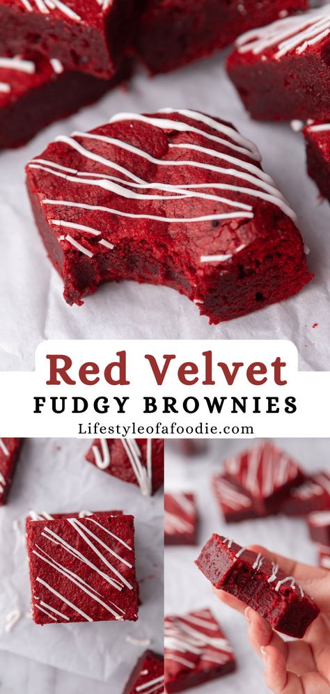 These fudgy red velvet brownies are an easy chocolatey treat that will be perfect when that sweet tooth hits! Velvet Fudge, Red Velvet Brownies Recipe, Red Velvet Fudge, Velvet Brownies, Red Velvet Brownies, Baked Dessert, Fudge Brownie, Baking Recipes Desserts, Fun Baking