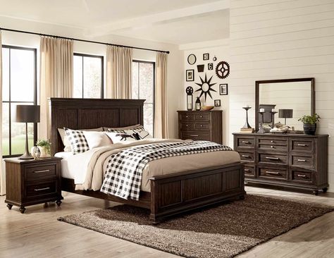 Idea Bilik Tidur, Transitional Style Bedroom, Dark Brown Bedrooms, Dark Wood Bedroom Furniture, Reka Bentuk Bilik Tidur, Dark Wood Bedroom, Dark Brown Furniture, Brown Furniture Bedroom, Wood Bedroom Sets