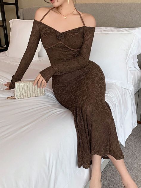 Women Lace Contrast Fishtail Long Sleeve Dress Coffee Brown Elegant  Long Sleeve Lace Plain A Line Slight Stretch Spring/Summer Women Clothing, size features are:Bust: ,Length: ,Sleeve Length: Dresses For Tan Skin, Coffee Brown Dress, Long Sleeve Brown Dress, Brown Dresses Formal, Dresses With Long Sleeves, Vintage Bridesmaid Dresses, Fairy Fashion, Beige Dresses, Dress Inspo