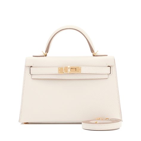 Hermes Kelly Bag 20cm Craie Epsom Gold Hardware Bags With Scarf, Gold Shoulder Bag, Hermes Store, Mini Kelly, White Shoulder Bags, Hermes Kelly Bag, Cream Bags, Eco Bags, White Shoulder Bag