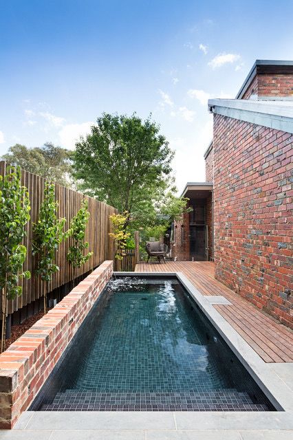 Brick Pool, Small Pools Backyard, Pool Patio Designs, Rectangle Pool, Outdoor Pool Area, Pools Backyard Inground, Recycled Brick, Swimming Pool Landscaping, Pool Remodel