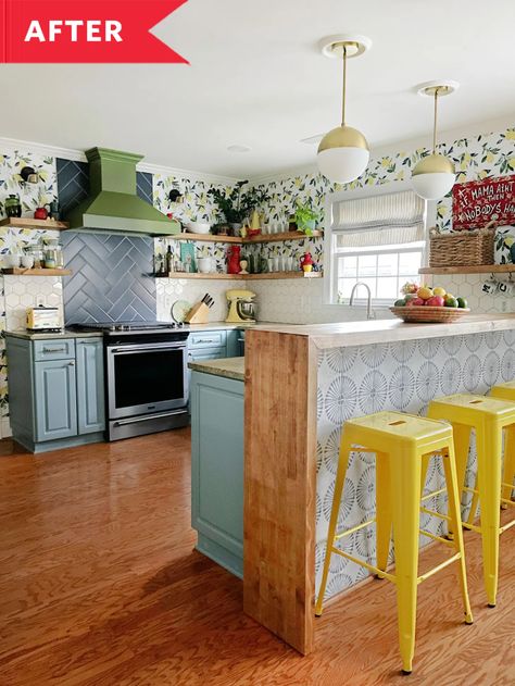 '90s Kitchen Gets a Pattern-Filled Remodel - Before and After Photos | Apartment Therapy Colorful Eat In Kitchen, Colorful Decor Kitchen, Fun Kitchen Design Ideas, Fun Kitchen Ideas Creative, Boho Kitchen Makeover, Retro Boho Kitchen Ideas, Minimalist Colorful Kitchen, Fun Colorful Kitchen, Colorful Kitchen Wallpaper