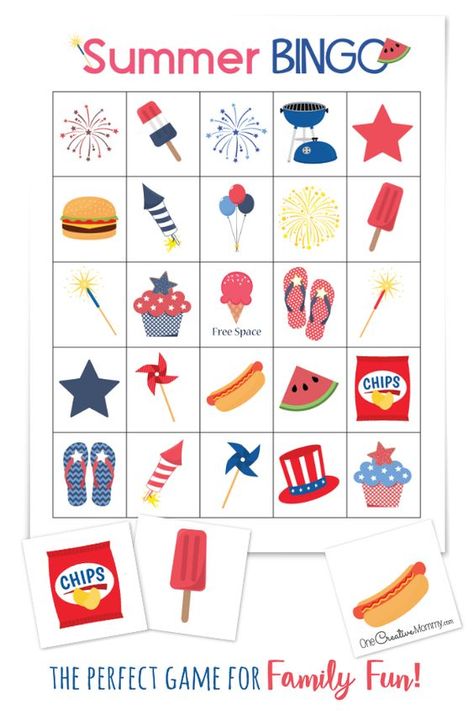 Are your kids bored with summer vacation? Summer Bingo is perfect for family night, barbecues and family reunions {OneCreativeMommy.com} Get your free printable game today. #summerfun #bingo #familynight Santa Kids Crafts, Bingo Ideas, Summer Bingo, Easter Bingo, Fourth Of July Crafts For Kids, Vacation Games, Free Printable Games, Bingo Printable, Kids Vacation