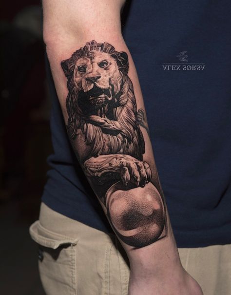 Lion Statue Tattoo, Statue Tattoo Design, Calf Sleeve Tattoo, Armband Tattoos For Men, Dragon Tattoo Art, Mens Lion Tattoo, Lion Statue, Lion Head Tattoos, Statue Tattoo