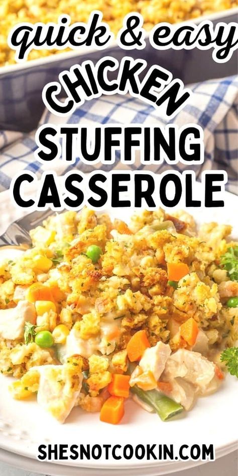 This easy Chicken and Stuffing Casserole is a winner for busy weeknights. With 15 minutes of prep time, this easy dinner recipe will be ready in less than an hour. You can make-ahead and freeze and it's delicious leftover too! Recipes With Box Stuffing, Boxed Stuffing Recipes Ideas, Chicken Stuffing Casserole Bake, Easy Chicken And Stuffing Casserole, Easy Chicken And Stuffing, Stuffing Mix Recipes, Chicken Receipts, Boxed Stuffing, Stove Top Stuffing Recipes