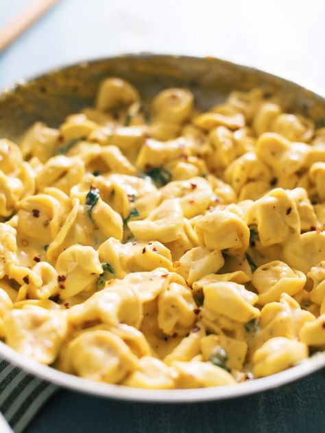 Tortellini in Butternut Squash and Spinach Cheese Sauce - Dad With A Pan Chicken Broth Recipes Soup, Dinner Butternut Squash, Soup Tortellini, Butternut Squash And Spinach, Spinach Cheese, Tortellini Recipes, Italian Spices, Cheese Tortellini, Fresh Cheese