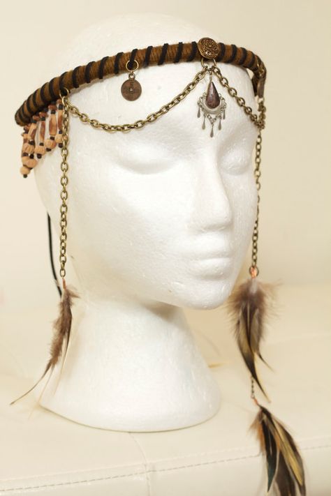 Medieval Headwear, Chain Headdress, Shabby Chic Clothes, Santa Cruz California, Mermaid Aesthetic, Feather Headdress, Concept Clothing, Feather Crafts, Warrior Queen