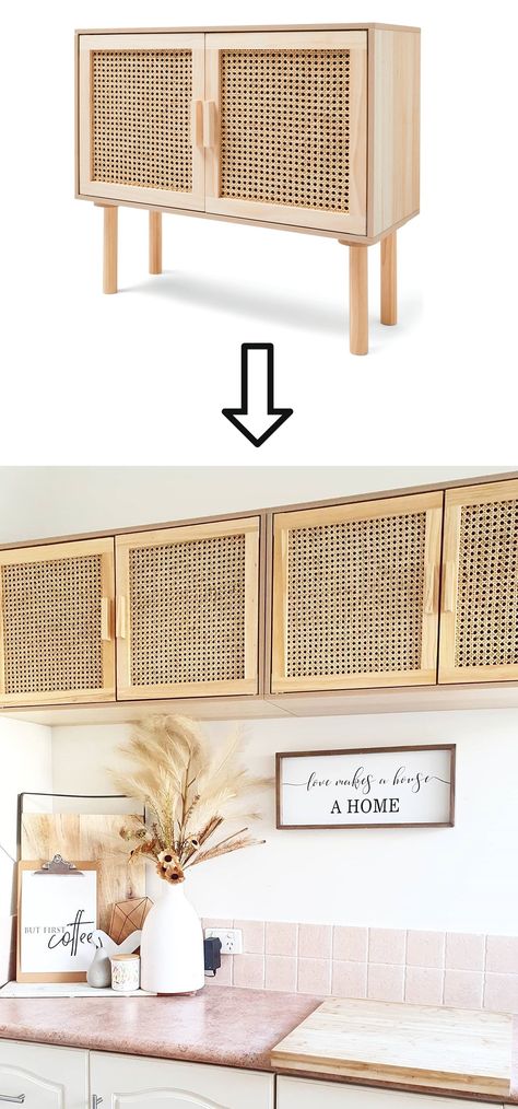 Click for details on how to convert Kmart's $59 Rattan Sideboard into overhead kitchen cabinets! Built In Rattan Cabinets, Rattan Furniture Kitchen, Rattan Kitchen Cabinets Diy, Rattan Laundry Room, Kmart Rattan Sideboard Hack, Rattan Floating Cabinet, Rattan Kitchen Cabinet Doors, Caned Kitchen Cabinets, Rattan Cabinet Kitchen