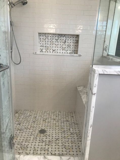 Shower floor tile is Calacatta Vagli honed with basket weave. Basket Weave Tile Shower Floor, Penny Tile And Marble Bathroom, Basket Weave Tile Bathroom Ideas, Basket Weave Bathroom Floor, Basket Weave Shower Floor, Basket Weave Tile Bathroom, Basketweave Tile Bathroom, Hannah House, Basketweave Tile Floor