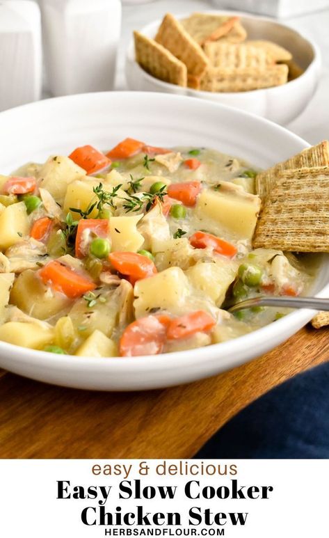 This Easy Slow Cooker Chicken Stew is a hearty dish packed with lots of fresh vegetables, herbs, and tender chicken. This dump and go recipe produces a cozy, gluten free dinner that is perfect for chilly nights! Crock Pot Chicken Stew Slow Cooker, Crockpot Chicken Stew, Slow Cooker Chicken Stew, Gluten Free Crock Pot Recipes, Chicken Stew Recipe, Crockpot Casserole, Easy Slow Cooker Chicken, Stew Chicken Recipe, Gluten Free Dinner