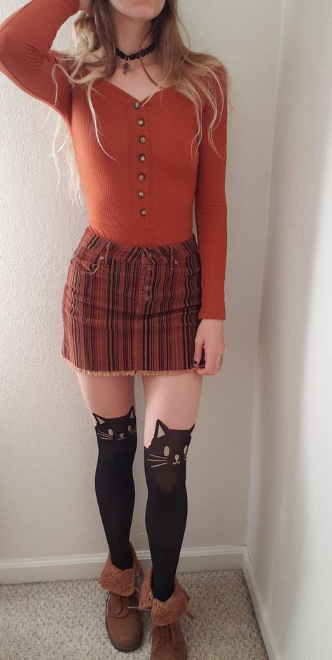 Cat tights and mini skirt fall outfit halloween outfit Cat Tights Outfit, Mini Skirt Fall Outfit, Skirt Fall Outfit, Spooky Outfits, Cat Tights, Skirt Outfits Fall, Outfit Halloween, Half Skirt, Halloween Outfit