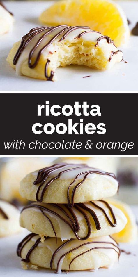 Soft, moist, and a little bit cake-like, these Ricotta Cookies with Chocolate and Orange are infused with fresh orange zest and a drizzle of chocolate to turn these cookies into the perfect holiday cookie. #recipe #cookie #ricottacookie Orange Ricotta Cookies, Cranberry Pistachio Fudge, Gooey Desserts, Ricotta Cookies Recipe, Orange Ricotta, Lemon Ricotta Cookies, Chocolate And Orange, Ricotta Cookies, Cookies With Chocolate